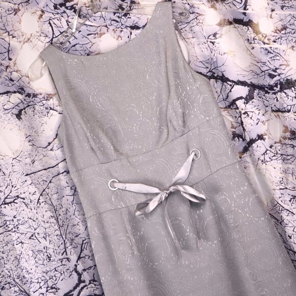 SILVER BROCADE DRESS 10 Jade Formal Cocktail Metallic Belted Cinched Classic - Picture 1 of 12